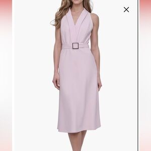 NWT DKNY Salon stretch flare dress pink sleeveless v-neck belt casual chic